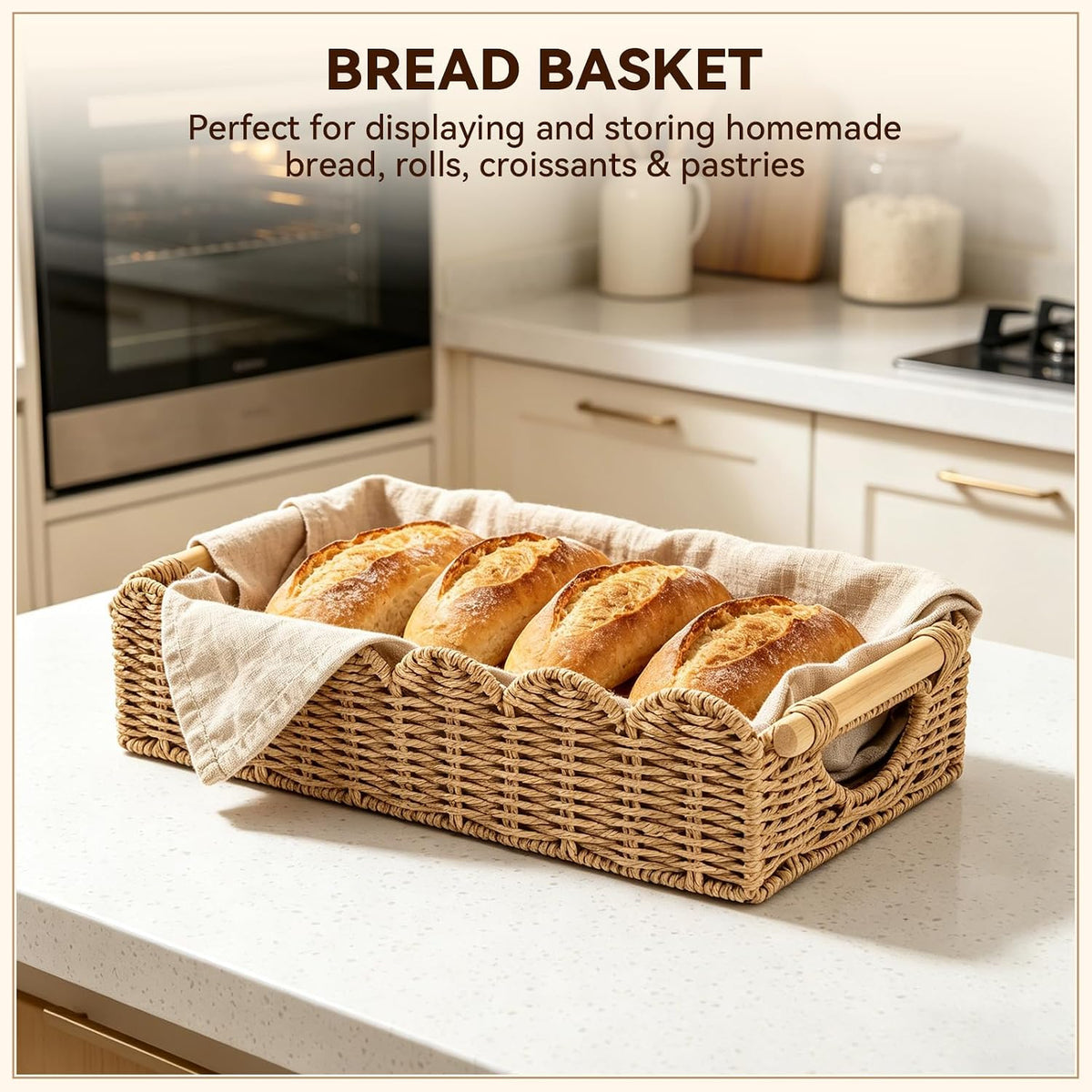 Upgraded Bathroom Basket Organizer w/Cut Out Handle, Back of Toilet Paper Storage Baskets Tray for Bathroom Countertop Decorative, Scalloped Wicker Basket Also for Home Decor, Living Room (Neutral)