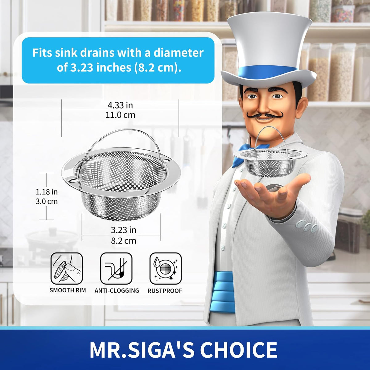 MR.SIGA Kitchen Sink Strainer, Stainless Steel Sink Drain Strainer, 2 Pack