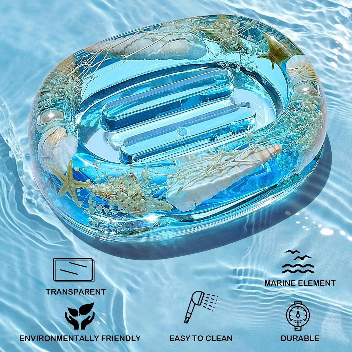 FONMY Soap Dish Acrylic w/Nature Seashell Bar Soap Holder Shower Soap Tray for Home, Camping Travel, Dry Stop soap Saver for Bathroom Vanity Countertop Office Unique Gifts and Home Decoration (Blue)