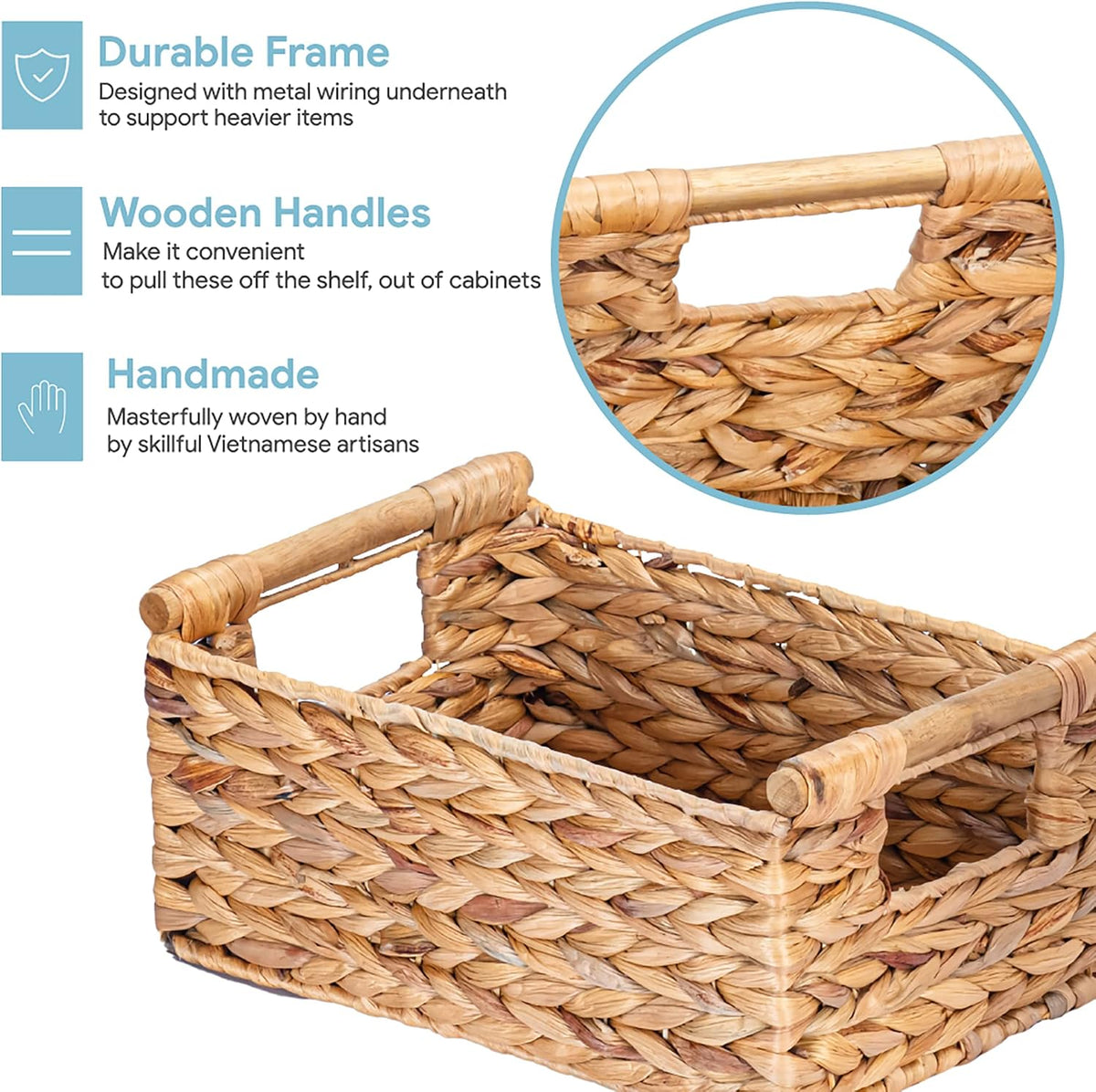 VATIMA Hyacinth Small Wicker Basket 11.6x8.1x4.9" - Bathroom Organizer, Wooden Handle, Decorative Storage