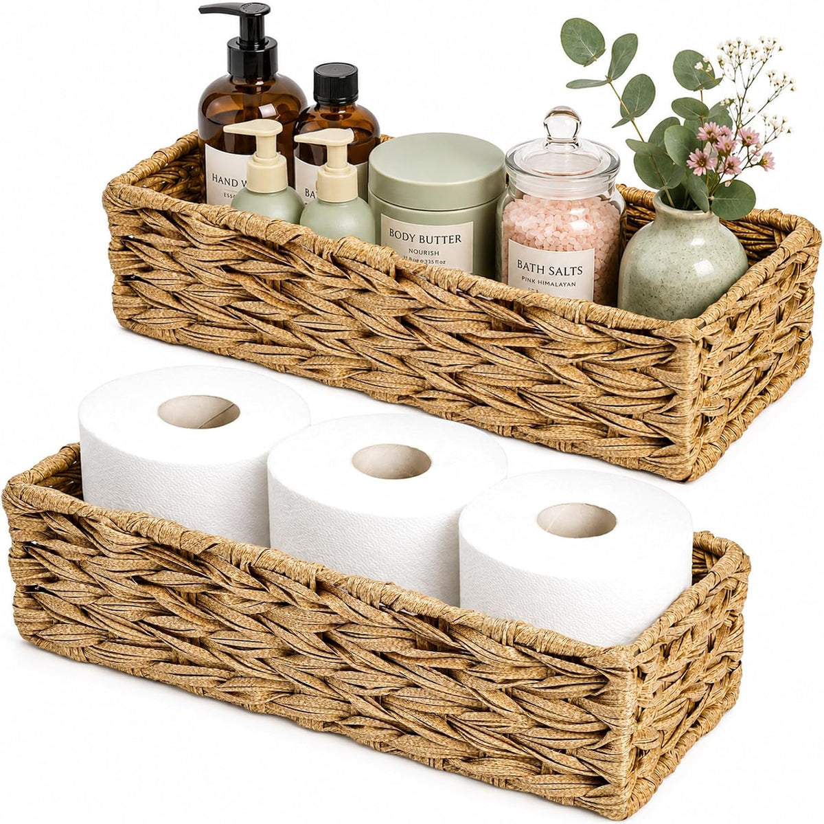 Eorbow 2 Pack Bathroom Baskets, Plastic Toilet Tank Paper Holder, Woven Decorative Storage Box for Tank Top Countertop Organizing Boho Home Decor