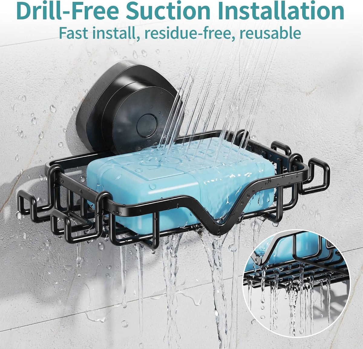 Soap Dish Suction Cup with Hooks, Rustproof No Drill Removable & Reusable for Shower Wall, Bathroom