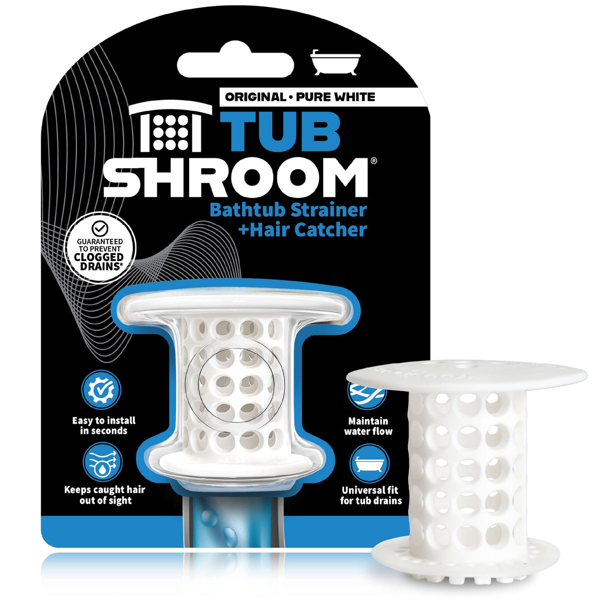 TubShroom Bathtub Drain Hair Catcher – in-Drain Tub Strainer & Clog Prevention Protector, Fits Standard 1.4”–1.75” Tub Drains, Easy Clean, Captures Human & Pet Hair Out of Sight (Gray)