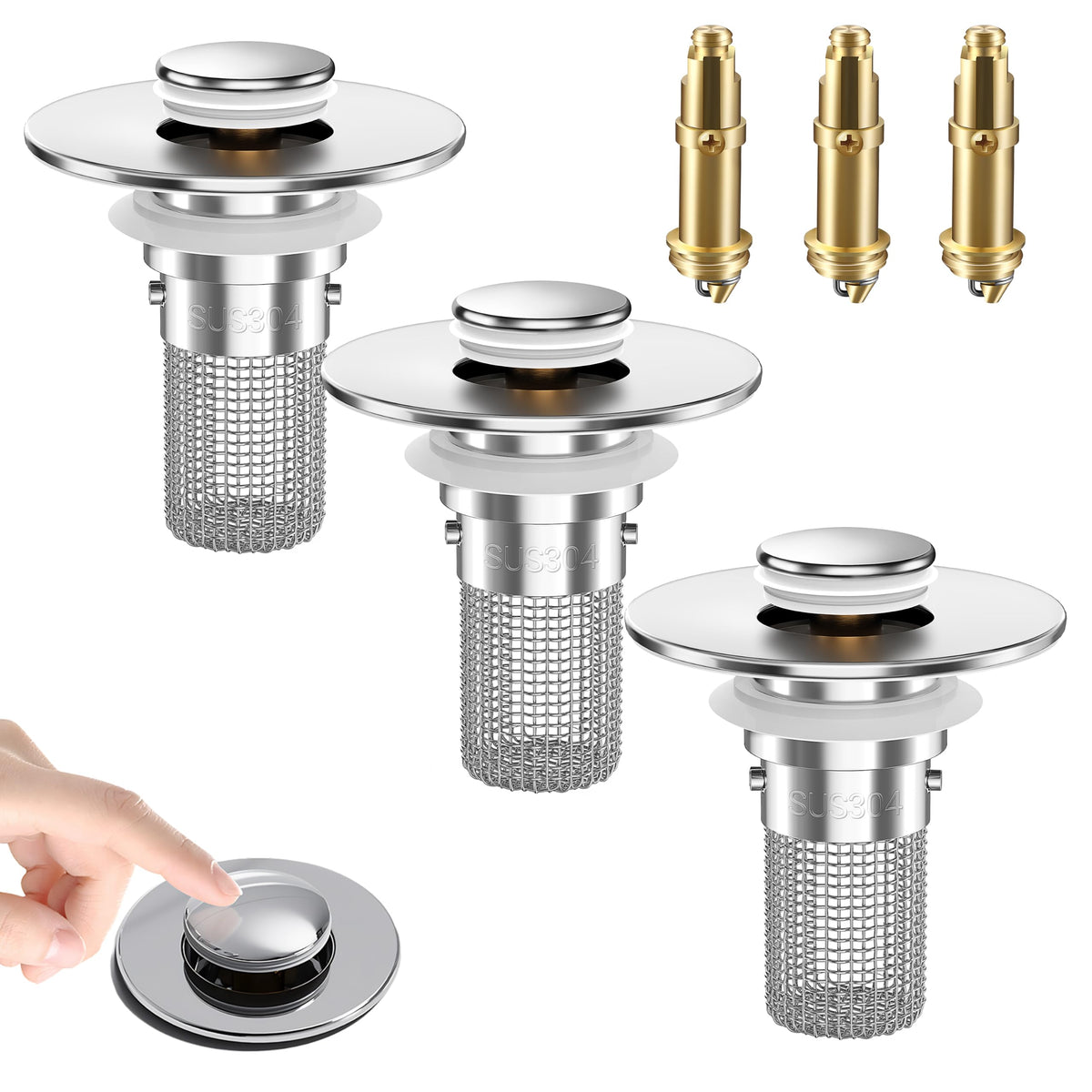 2PCS Bathroom Sink Stopper Strainer, Pop-Up Bathroom Sink Drain Strainer with Removable Stainless Steel Hair Catcher Basket, Universal Fit for US Bathroom Sinks, Bathtubs, Showers & Floor Drains