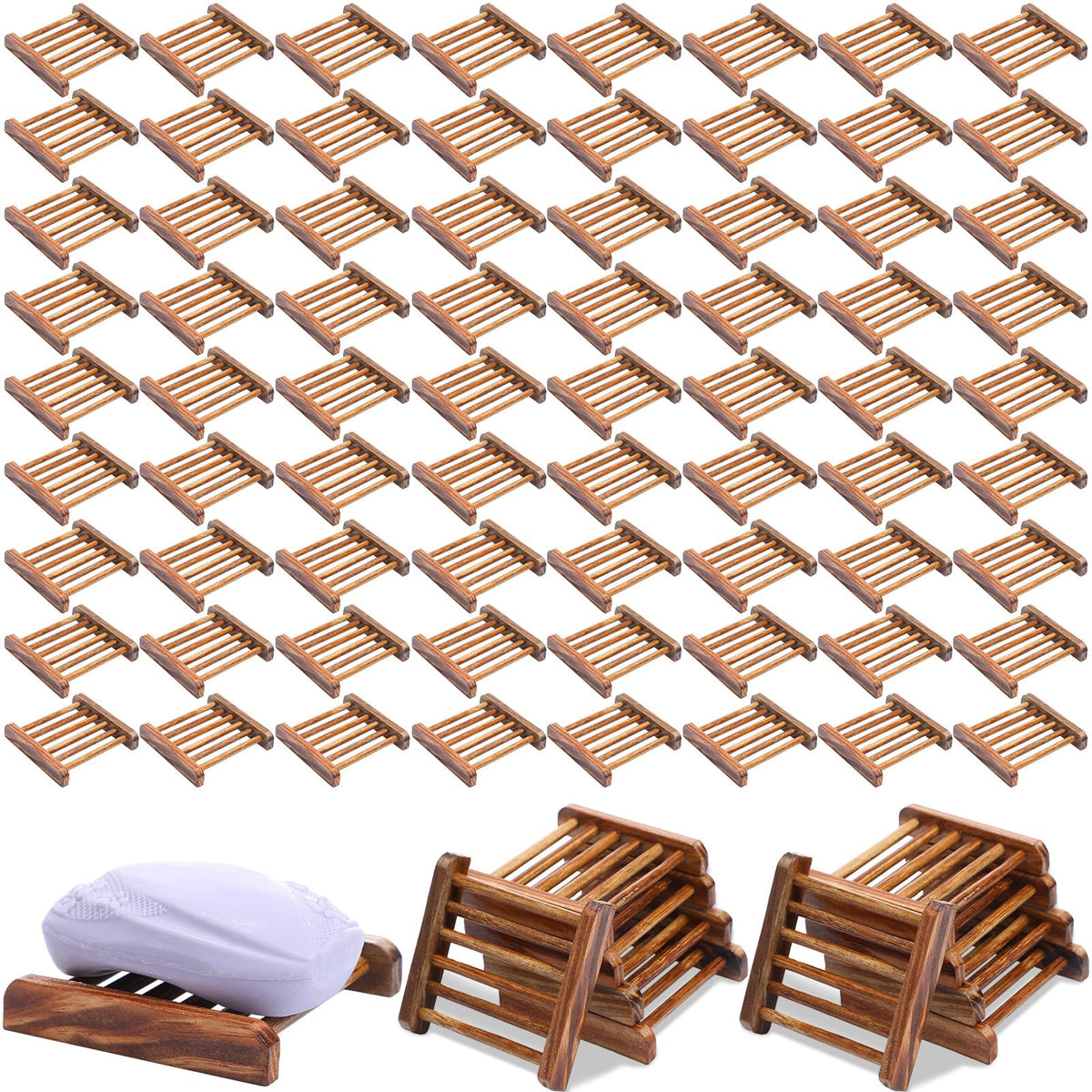 Amyhill 100 Pcs Bamboo Soap Dish Bulk Soap Holder Draining,Wooden Color