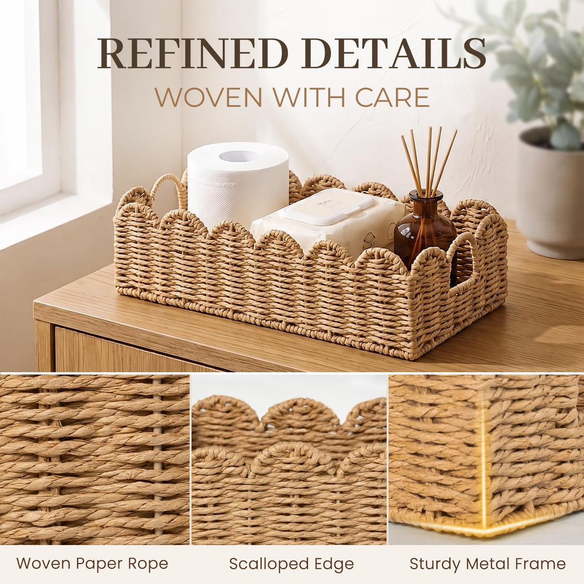 Scalloped Toilet Paper Storage Baskets with Handles, Set of 2