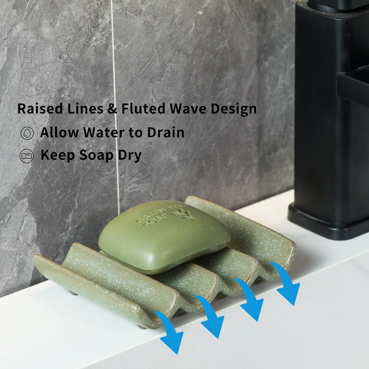 Draining Ceramic Soap Dish - Fluted Design, Bar Soap Holder for Shower & Bathroom, Soap Saver Sponge Lift, Green