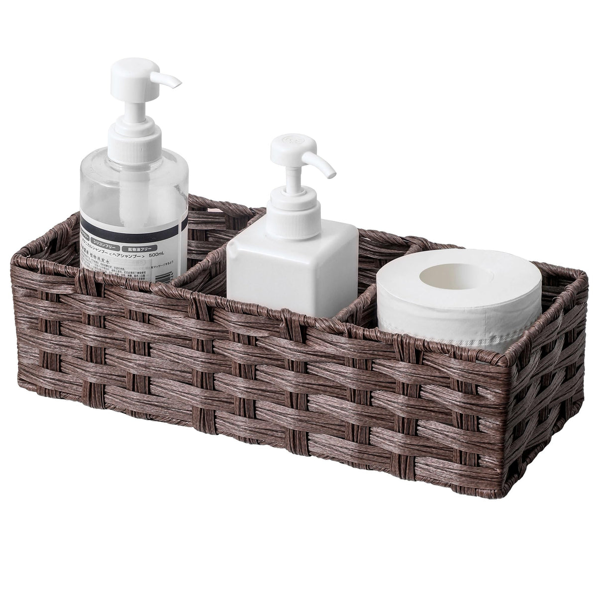 Toilet Tank Topper Paper Basket Multiuse Hand Woven Plastic Wicker Basket Bins with Divider for Shelves Rustic Farmhouse Bathroom Decor Countertop Organizer Storage