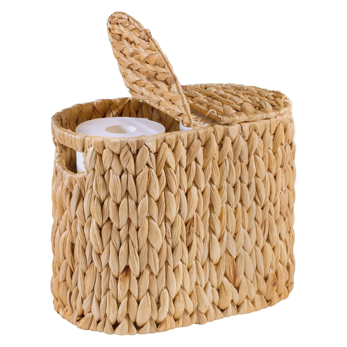 KOKODO Water Hyacinth Toilet Paper Storage Basket with Handles, Free Standing Wicker Basket for Toilet Paper, Magazines, Toiletries & Cleaning Supplies, Holds 6 Rolls