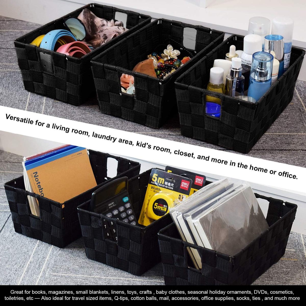 Woven Black Storage Baskets Shelf Tote Boxes Container, Durable Storage Organizer Bins with Built-in Handles for Bedroom, Office, Closet, Kids Room, Nursery, 3-Pack,11.4”x 6.5”x 4.5”