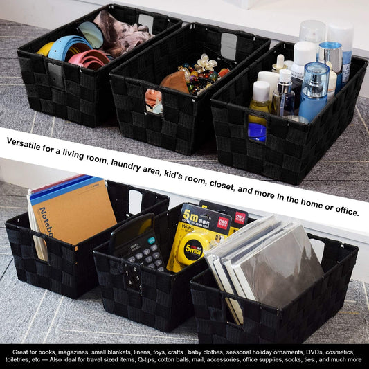 Woven Black Storage Baskets Shelf Tote Boxes Container, Durable Storage Organizer Bins with Built-in Handles for Bedroom, Office, Closet, Kids Room, Nursery, 3-Pack,11.4”x 6.5”x 4.5”