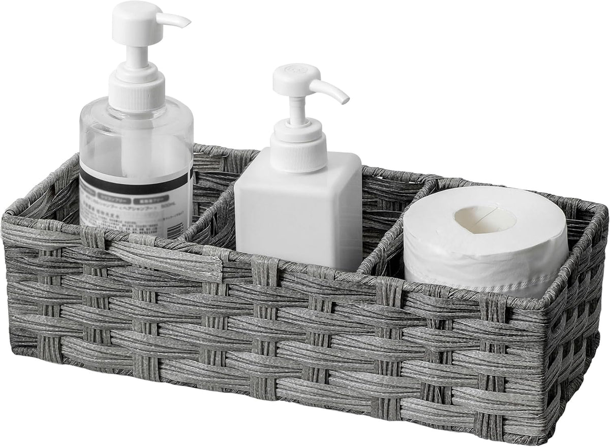 Toilet Tank Topper Paper Basket Multiuse Hand Woven Plastic Wicker Basket Bins with Divider for Shelves Rustic Farmhouse Bathroom Decor Countertop Organizer Storage