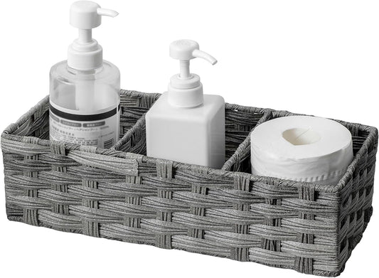 Toilet Tank Topper Paper Basket Multiuse Hand Woven Plastic Wicker Basket Bins with Divider for Shelves Rustic Farmhouse Bathroom Decor Countertop Organizer Storage
