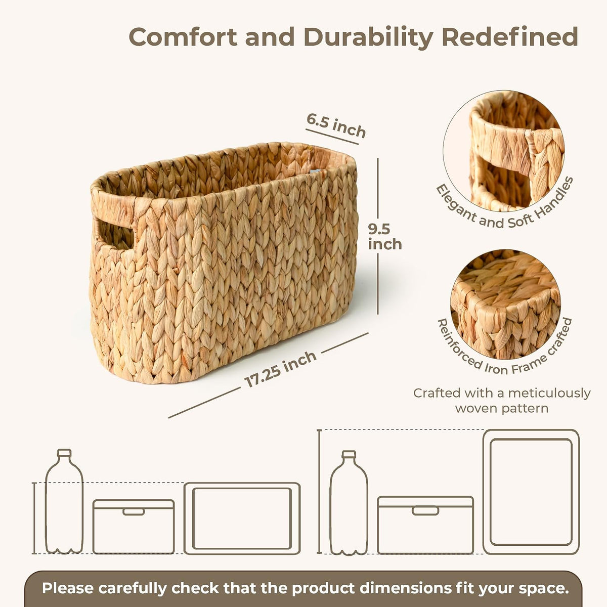 KOKODO Water Hyacinth Toilet Paper Storage Basket with Handles, Free Standing Wicker Basket for Toilet Paper, Magazines, Toiletries & Cleaning Supplies, Holds 6 Rolls