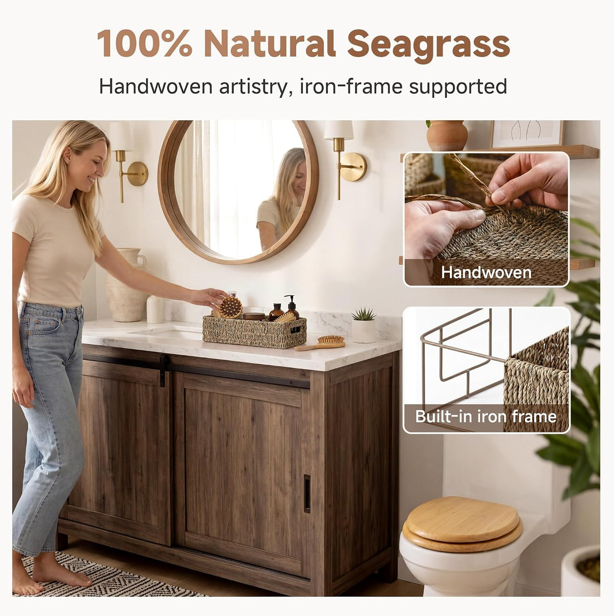 StorageWorks Wicker Seagrass Baskets, Toilet Basket Tank Topper