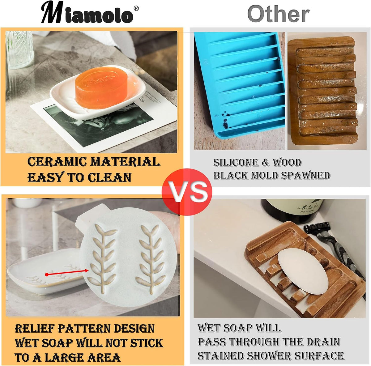 Miamolo Soap Dish for Shower, Soap Holder Raised Design, No More Mushy Soap