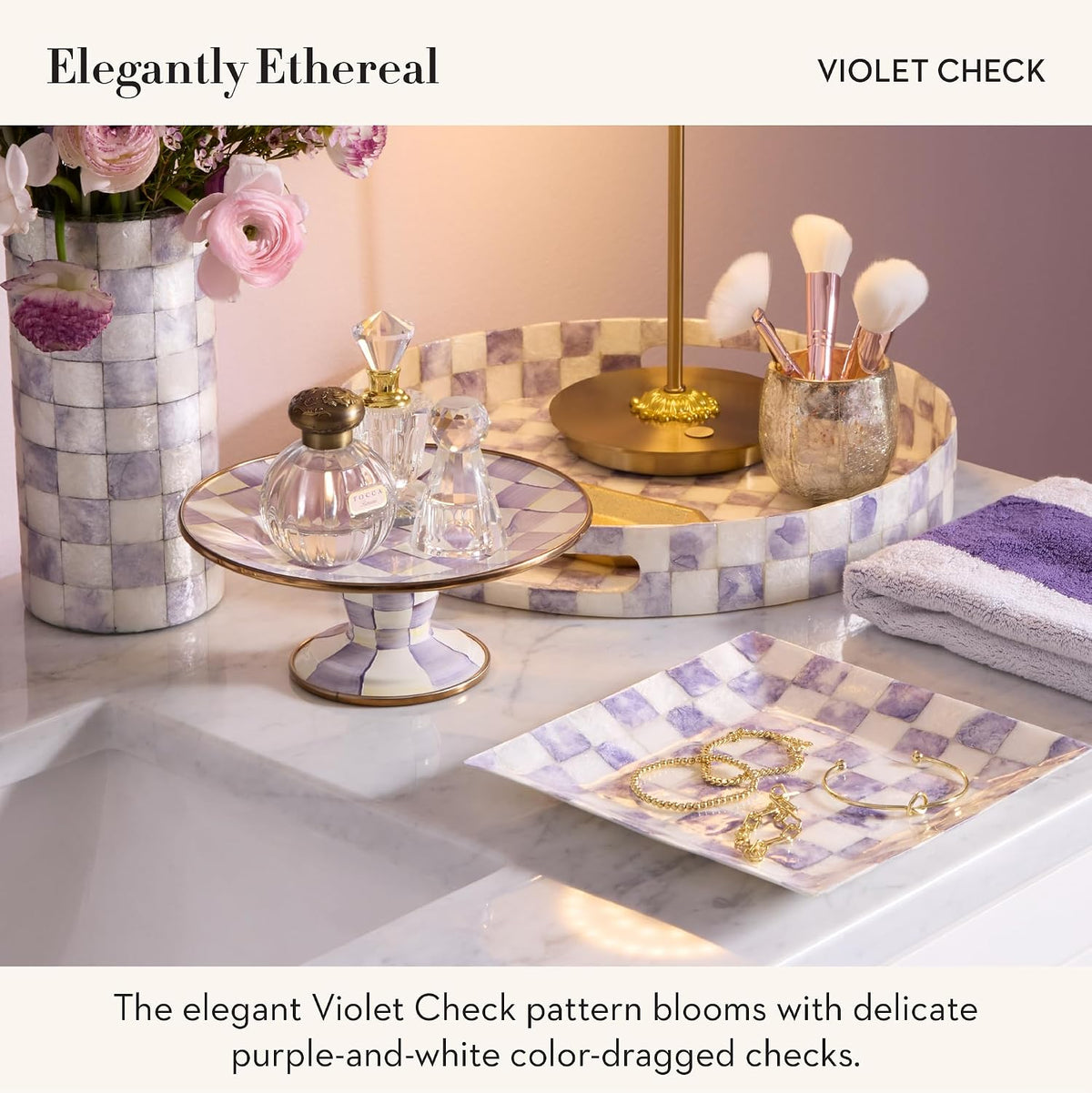 MACKENZIE-CHILDS Capiz Soap Dish, Purple-and-White Violet Check