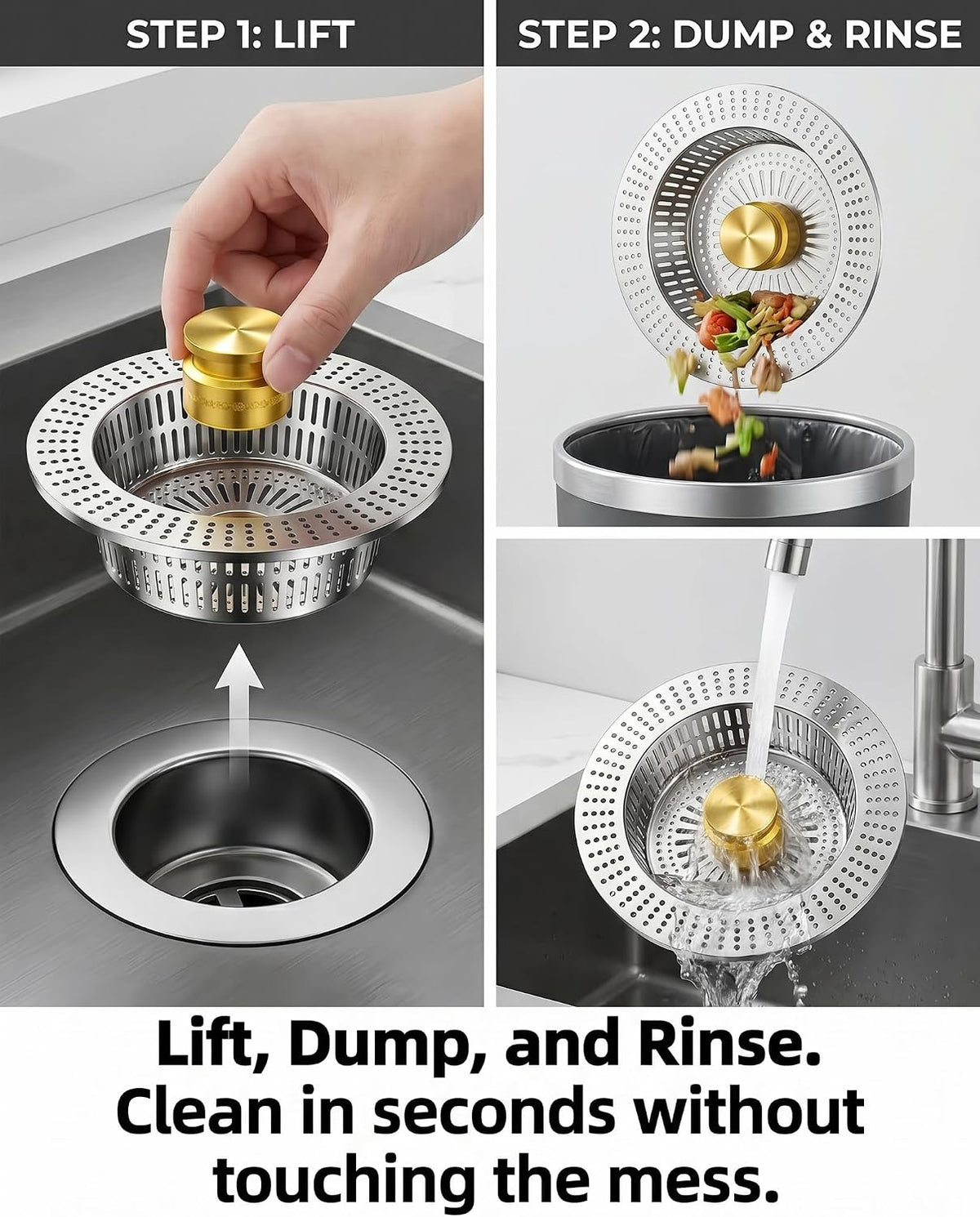 3-in-1 Sink Drain Strainer with Stopper & Basket, Fits 3-1/2" Hole