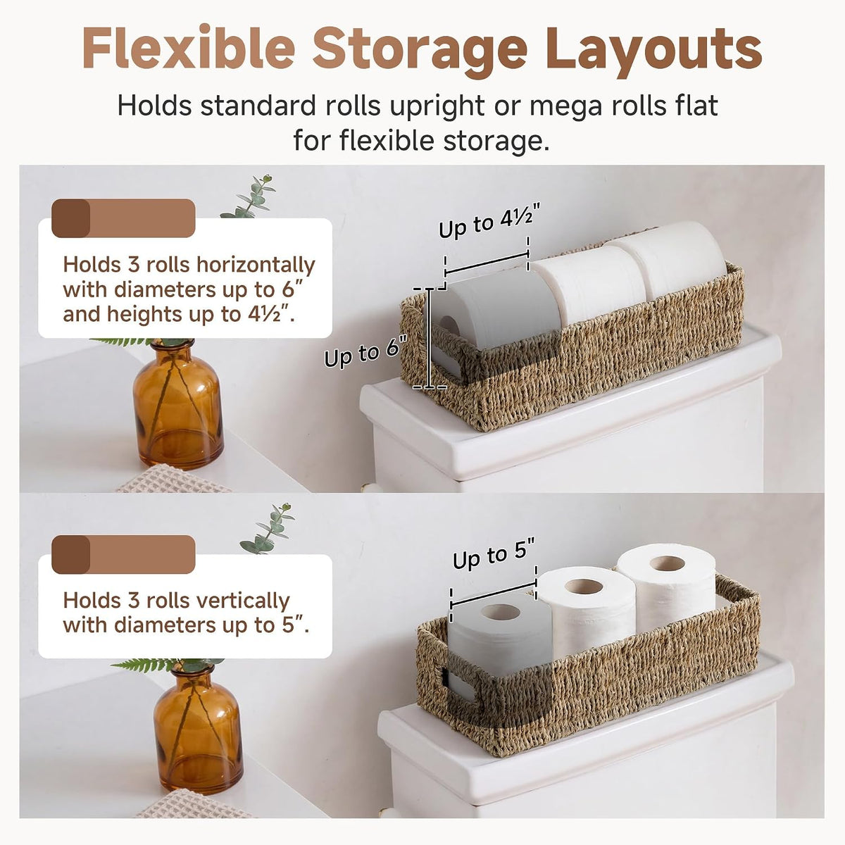 StorageWorks Wicker Seagrass Baskets, Toilet Basket Tank Topper