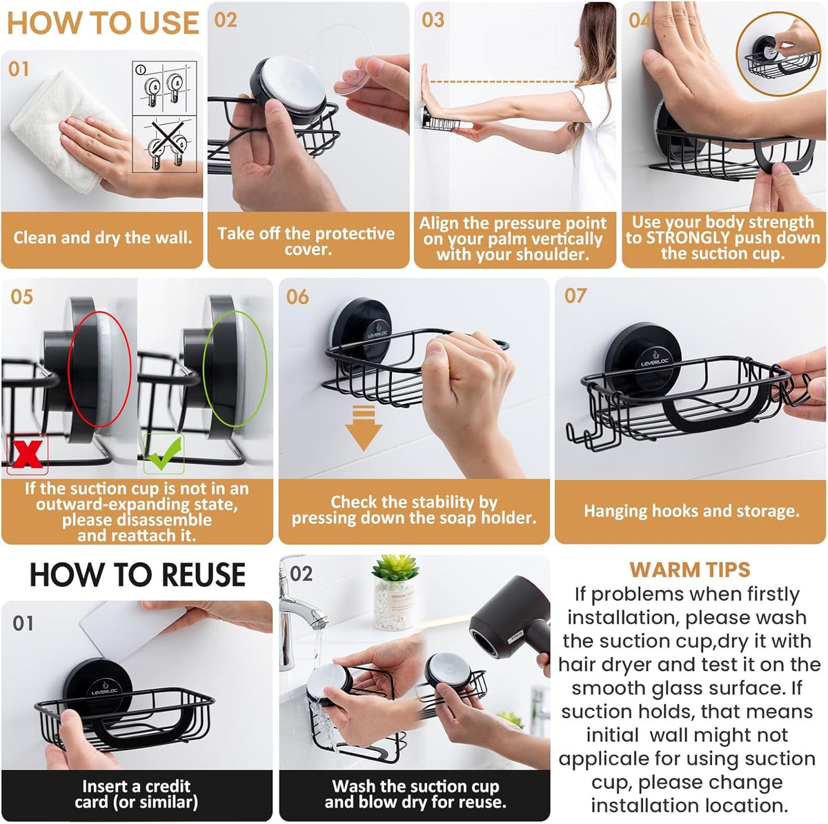 LEVERLOC Bar Soap Holder with Hooks, Suction Cup Soap Dish Stainless Steel