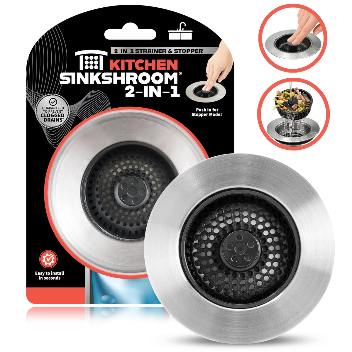 Kitchen SinkShroom Revolutionary Clog-Free Stainless Steel Sink Strainer, Black, 1-(Pack)