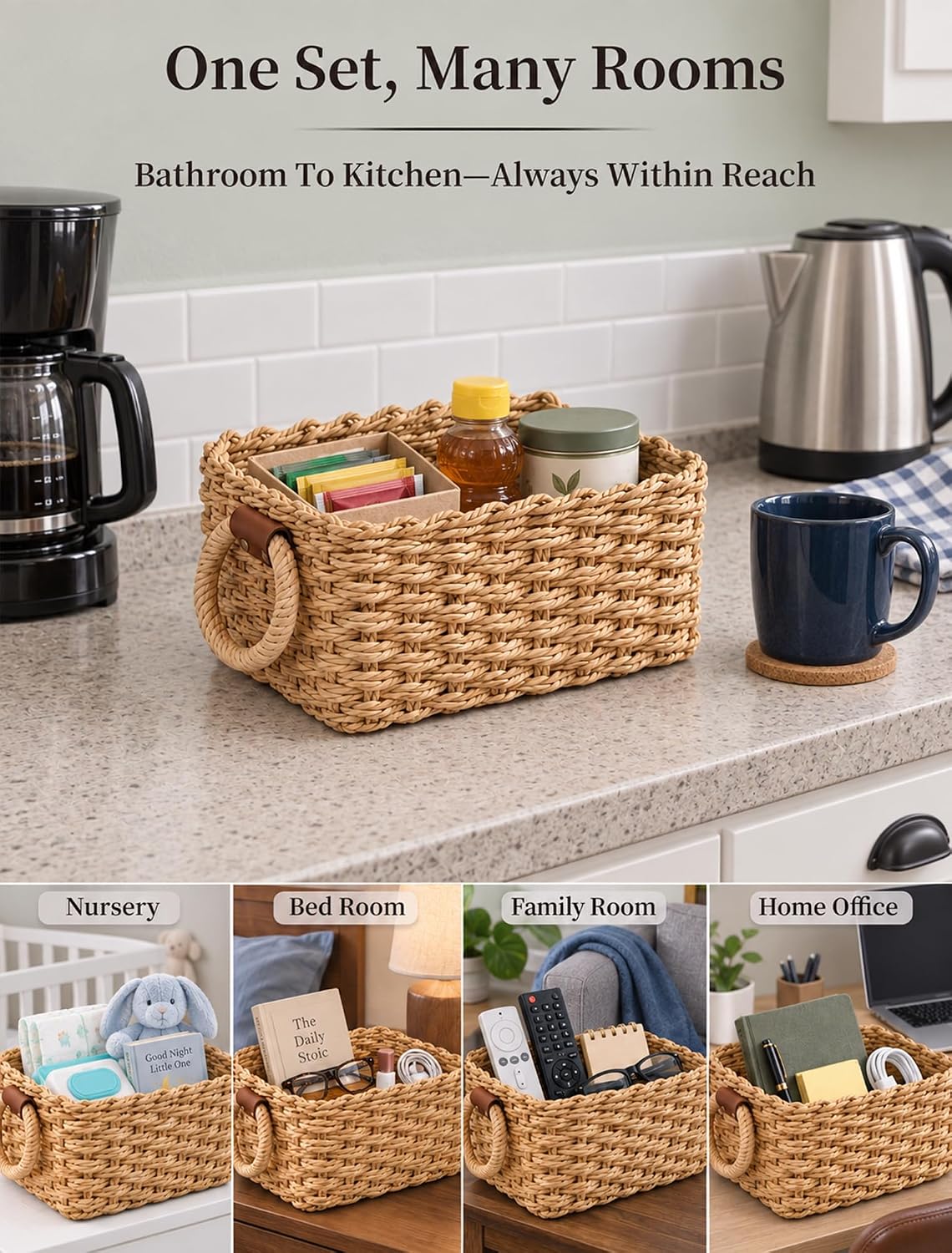 Small Wicker Baskets, 3 PCS Paper Rope Baskets for Shelves, Brown
