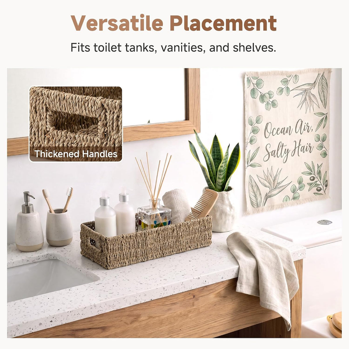 StorageWorks Wicker Seagrass Baskets, Toilet Basket Tank Topper