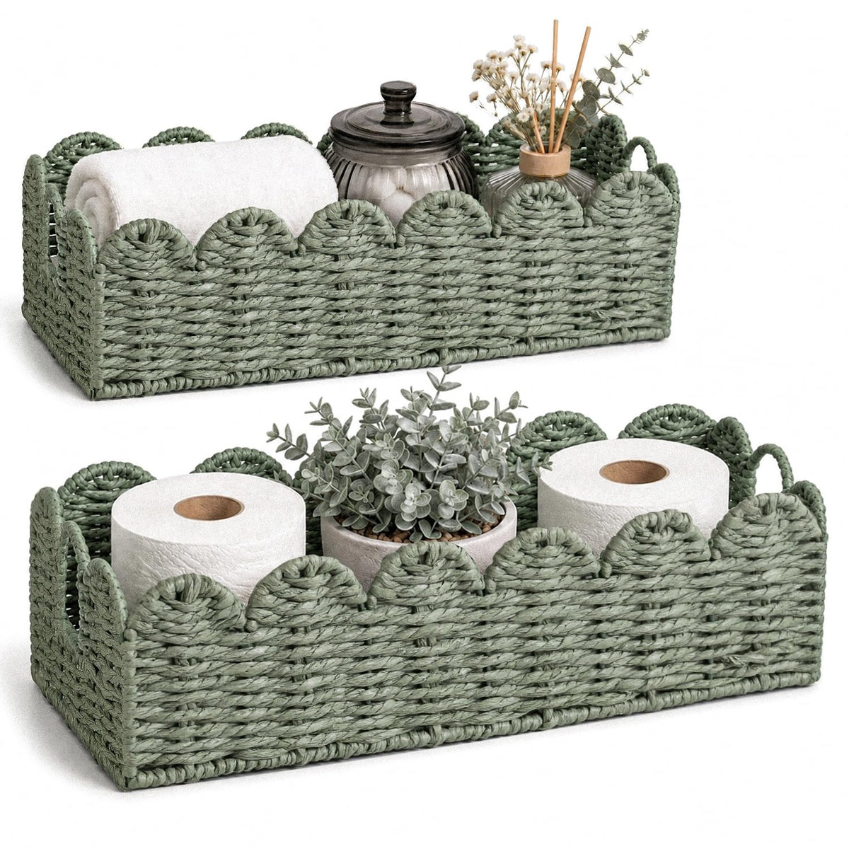 Scalloped Toilet Paper Storage Baskets with Handles, Set of 2