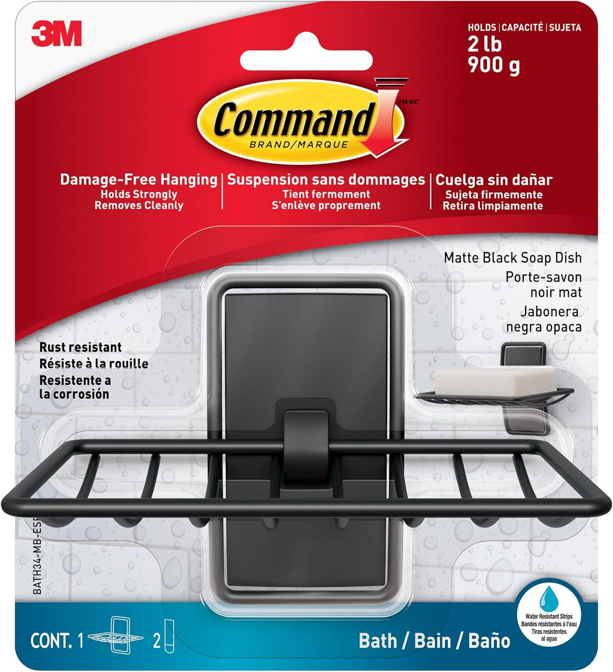 Command Soap Dish, Matte Black, 1 Holder, 2 Strips