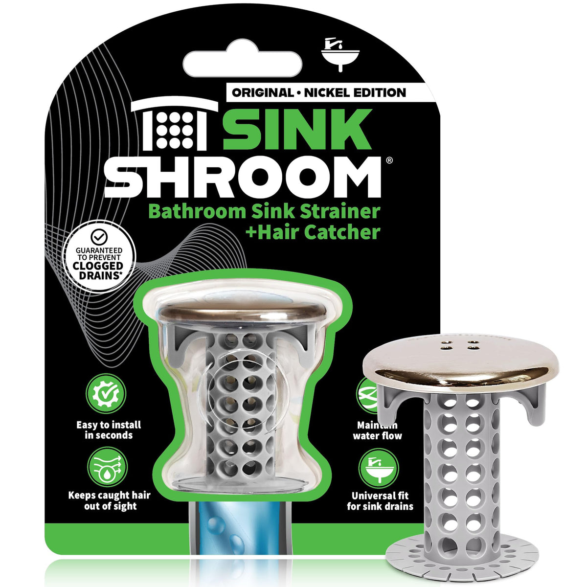 SinkShroom Revolutionary Bathroom Sink Drain Protector Hair Catcher, Strainer, Snare, Nickel Edition