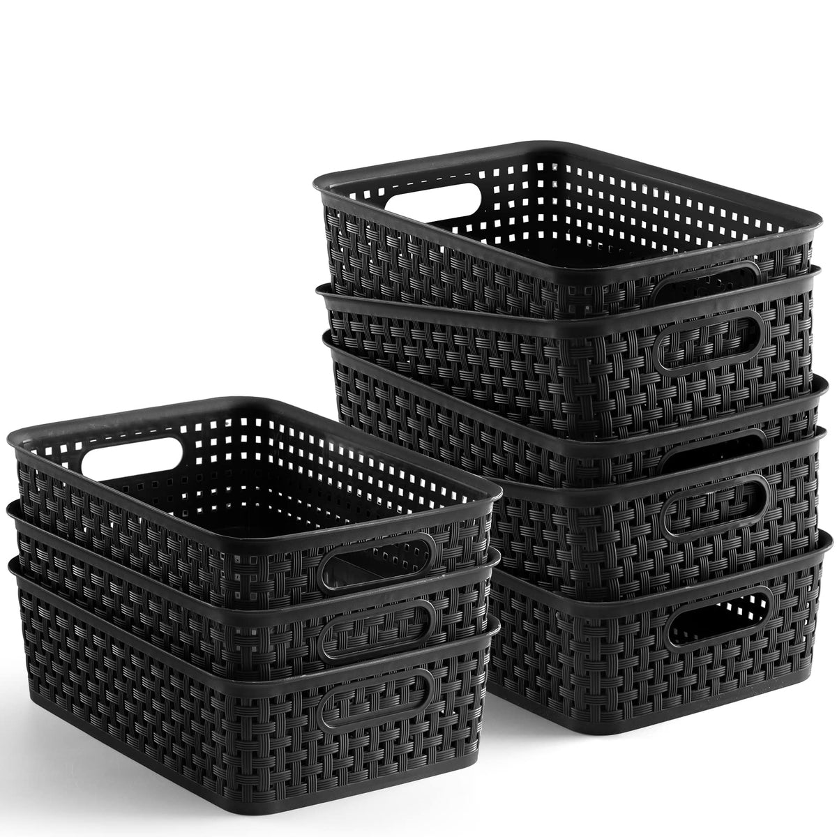 NETANY Plastic Storage Baskets - 8 Pack, Gray, Durable, Easy to Use, Flexible, Multi-Purpose, Ideal for Closets, Cabinets, Shelves, Countertops