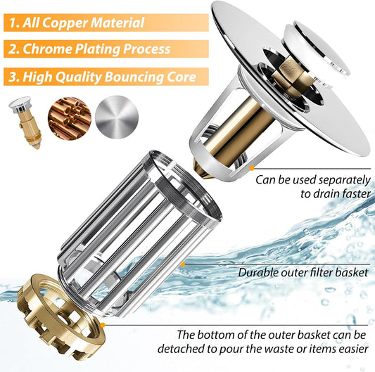 Anlige Bathroom Sink Drain Strainer, 3 in 1 Pop Up Bathroom Sink Stopper