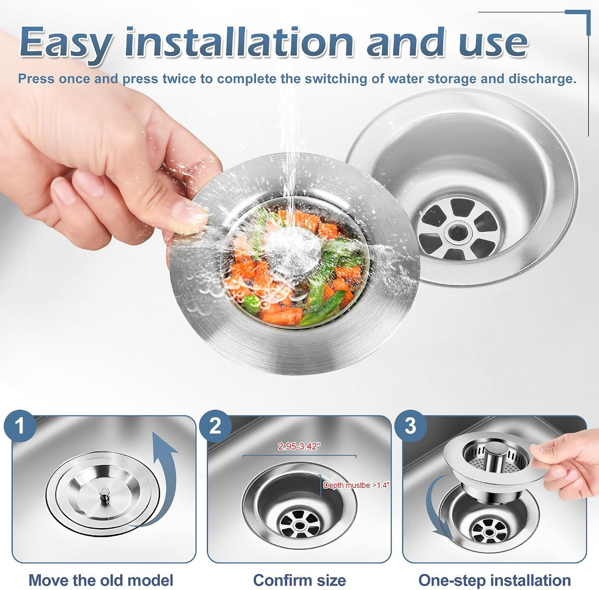 3 in 1 Kitchen Sink Stopper,304 Stainless Steel Kitchen Sink Drain Strainer Fits for Most Kitchen Drain, Easy to Install, Use, and Clean; Works Effectively