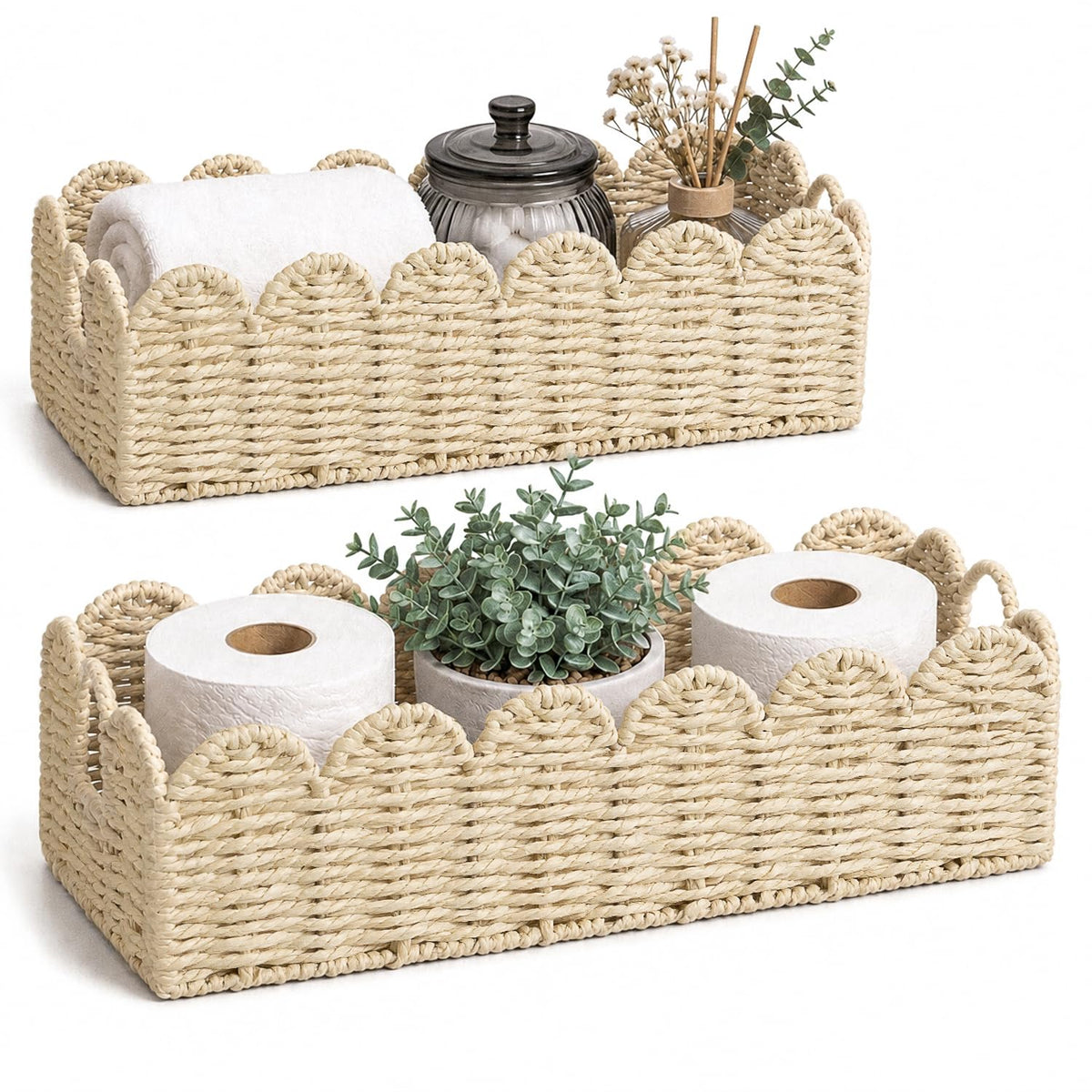 Scalloped Toilet Paper Storage Baskets with Handles, Set of 2