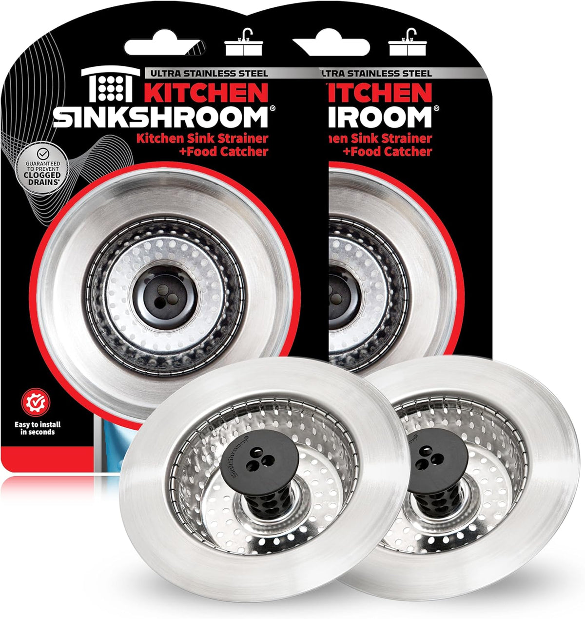 SinkShroom Revolutionary Clog-Free Sink Strainer Basket, 2-Pack, Stainless Steel