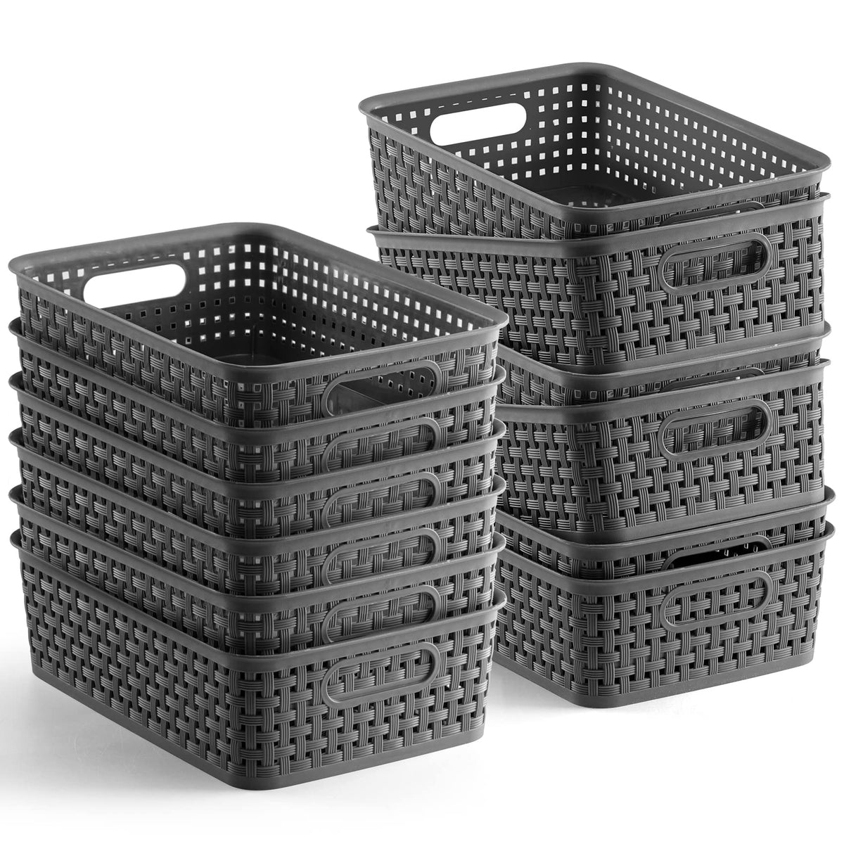NETANY Plastic Storage Baskets - 8 Pack, Gray, Durable, Easy to Use, Flexible, Multi-Purpose, Ideal for Closets, Cabinets, Shelves, Countertops