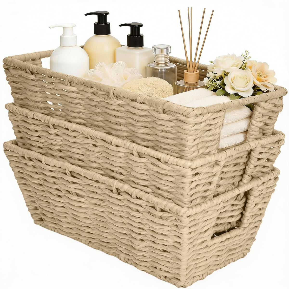 Woven Black Storage Baskets Shelf Tote Boxes Container, Durable Storage Organizer Bins with Built-in Handles for Bedroom, Office, Closet, Kids Room, Nursery, 3-Pack,11.4”x 6.5”x 4.5”