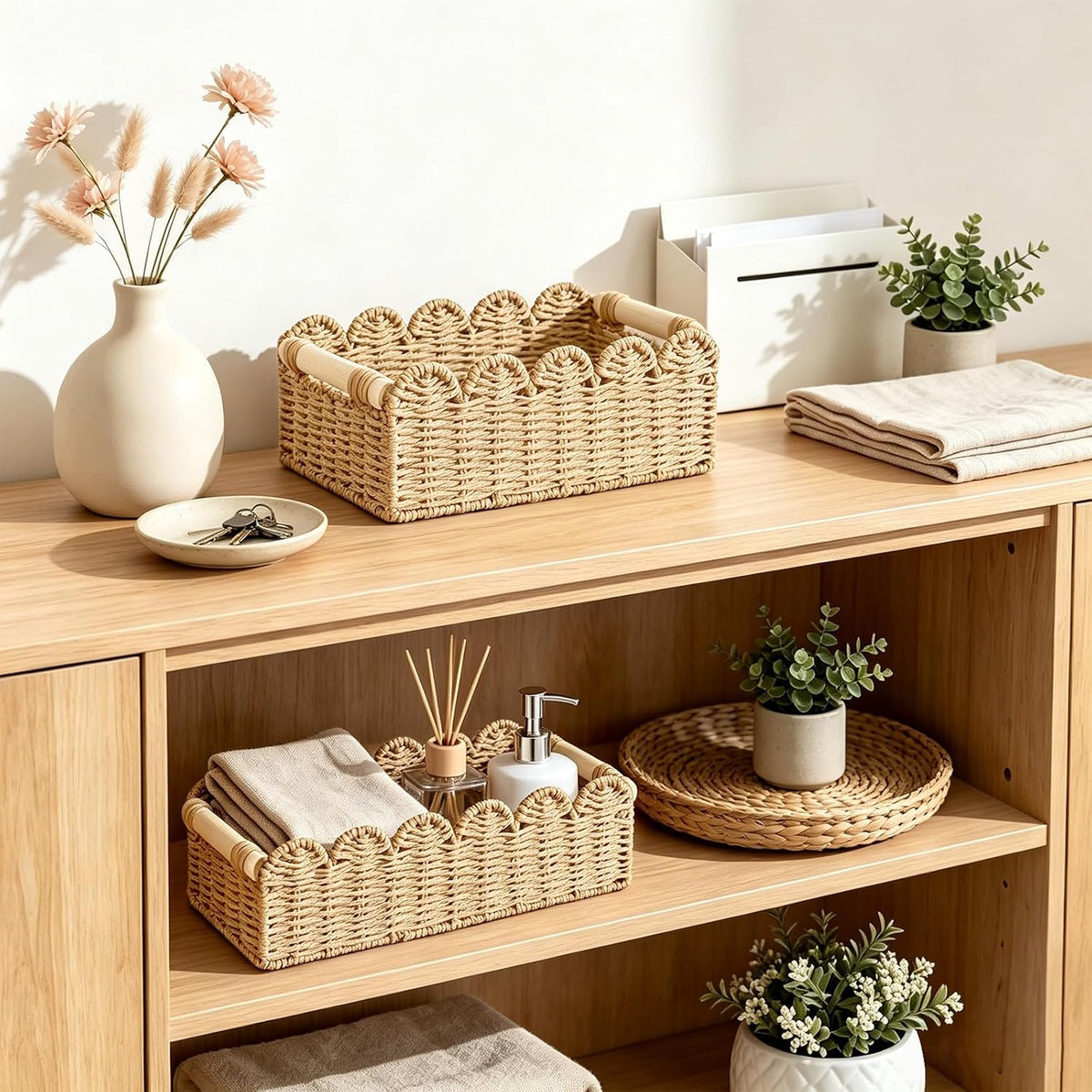 2 Pack Handwoven Scalloped Toilet Paper Storage Basket