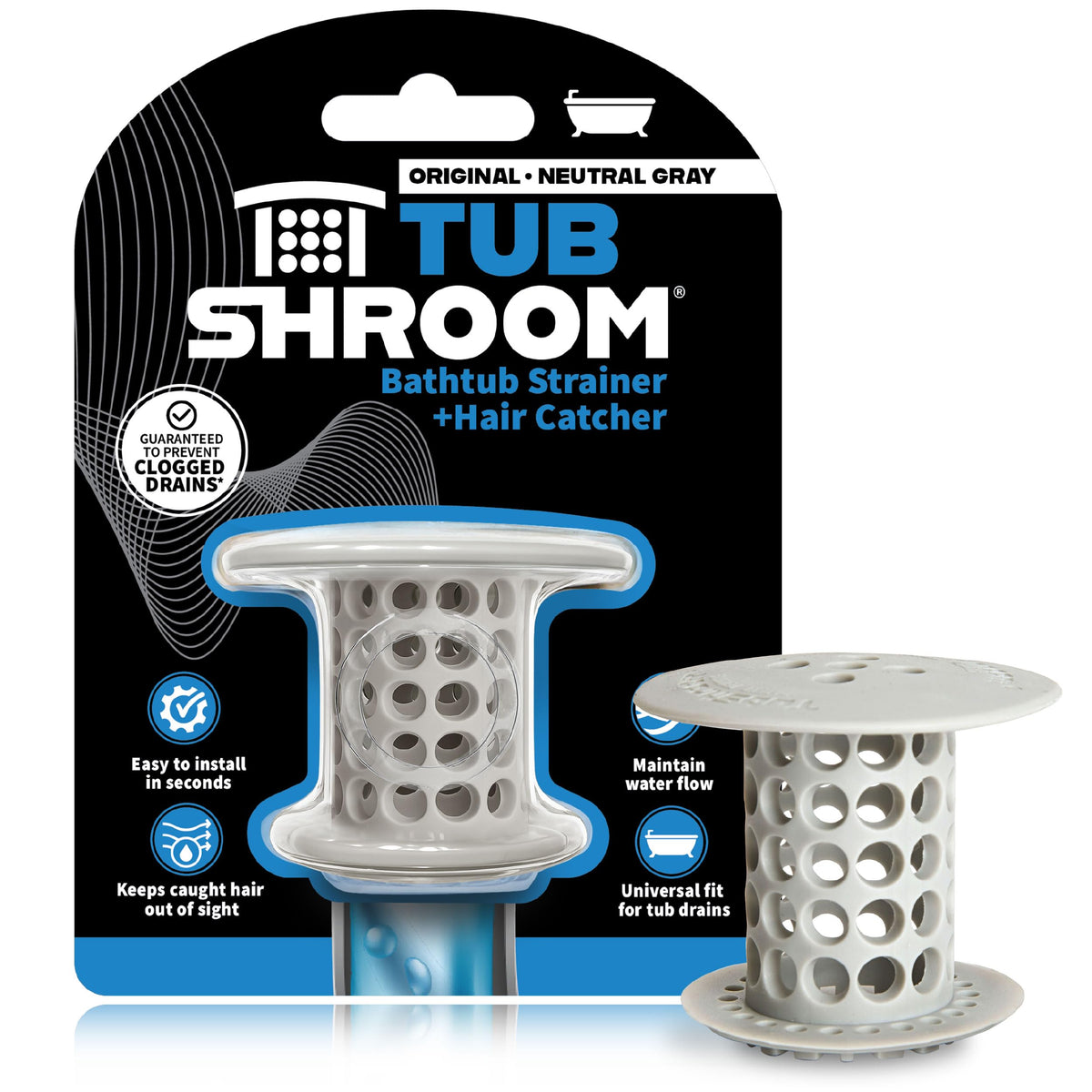 TubShroom Bathtub Drain Hair Catcher – in-Drain Tub Strainer & Clog Prevention Protector, Fits Standard 1.4”–1.75” Tub Drains, Easy Clean, Captures Human & Pet Hair Out of Sight (Gray)