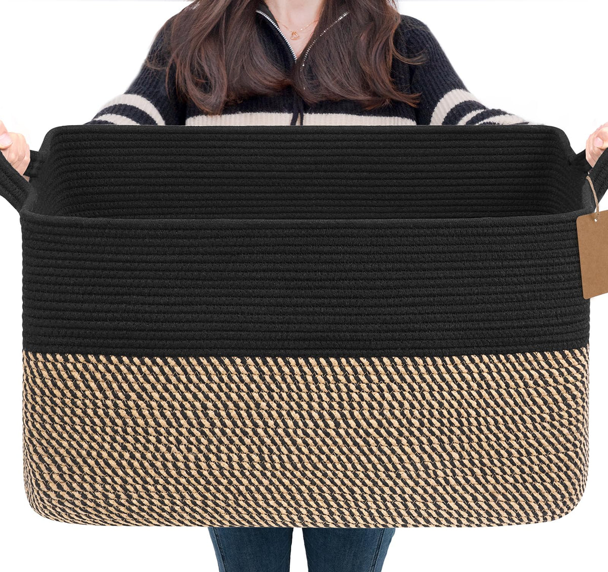 Goodpick Woven Rope Storage Basket for Shelves, Rectangle, Black