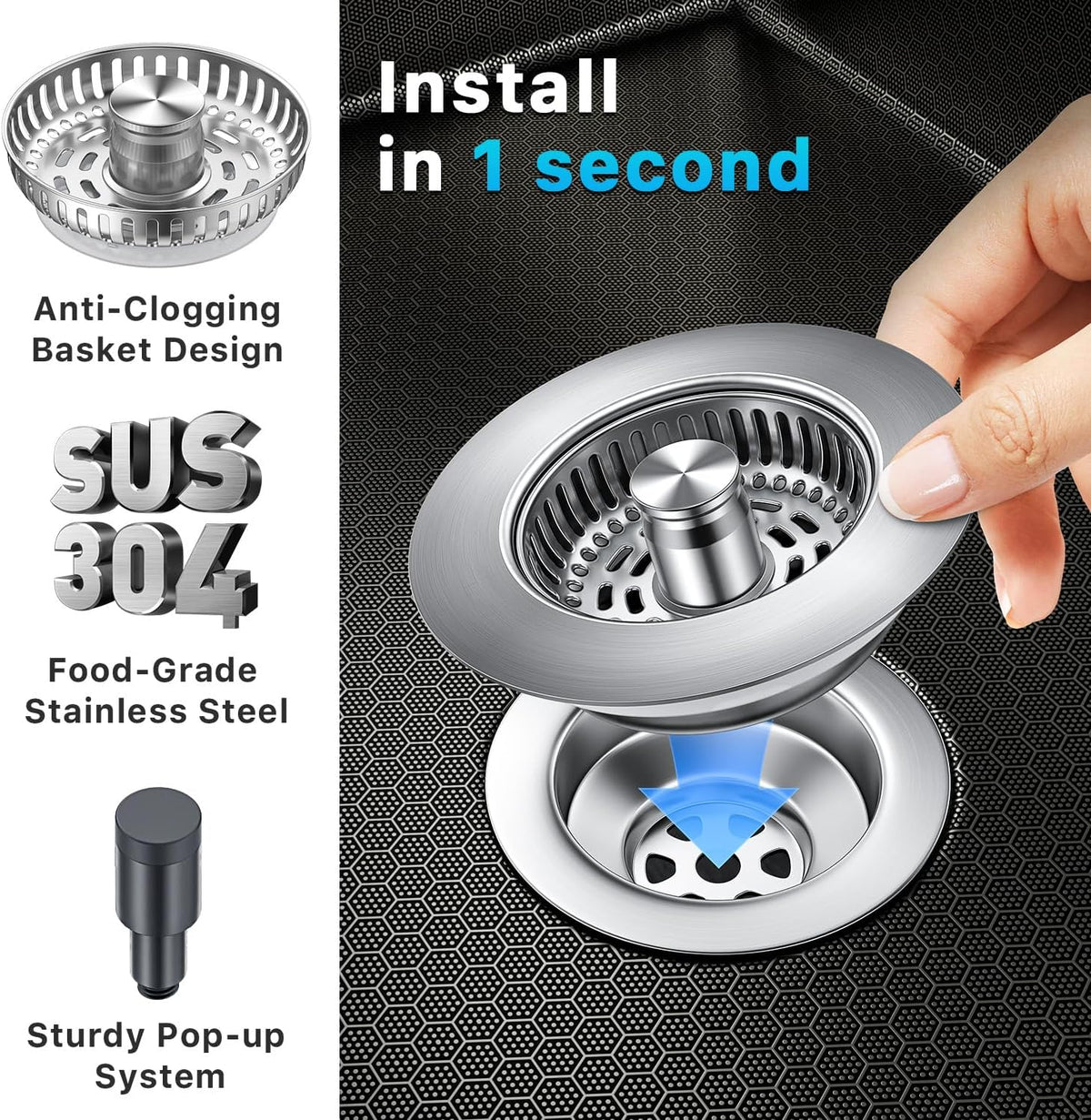 3-in-1 Stainless Steel Kitchen Sink Drain Strainer, JOMST Kitchen Gadget – Fast Drain, Water-Saving Stopper & Odor Blocker， Fits Standard 3.5″ Sink Drains
