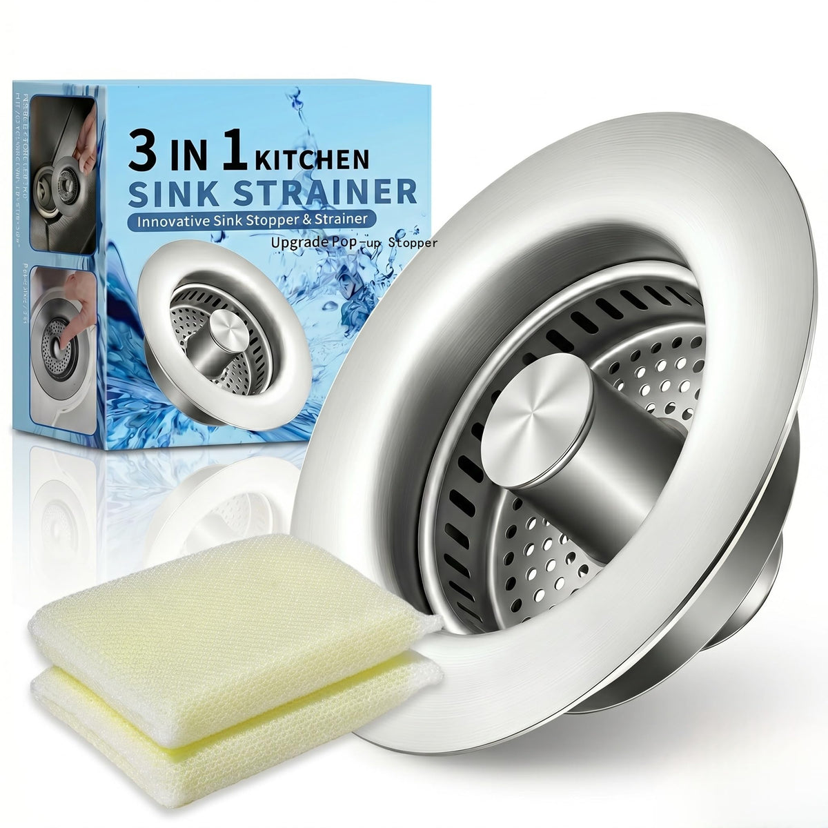 3-in-1 Kitchen Sink Drain Strainer - Pop Up Sink Stopper, Stainless Steel Sink Drain Strainer, Kitchen Sink Stopper & Drain Plug with Anti-Clogging Basket,Sink Strainer Fits US Standard 3-1/2'' Drains