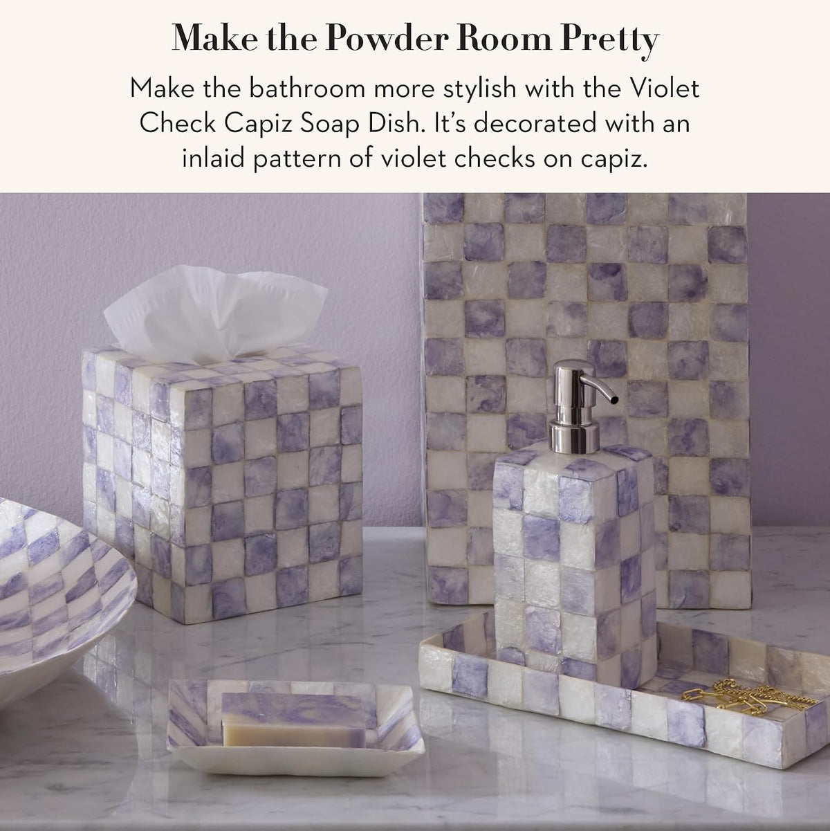 MACKENZIE-CHILDS Capiz Soap Dish, Purple-and-White Violet Check