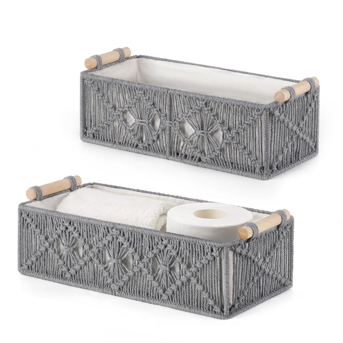 Mkono 2Pc Macrame Storage Basket, Boho Decor Toilet Paper Organizer, Ivory