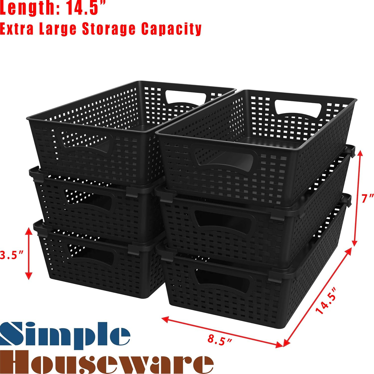 Simple Houseware Stackable Plastic Woven Basket Organizer, 6 Pack, Black