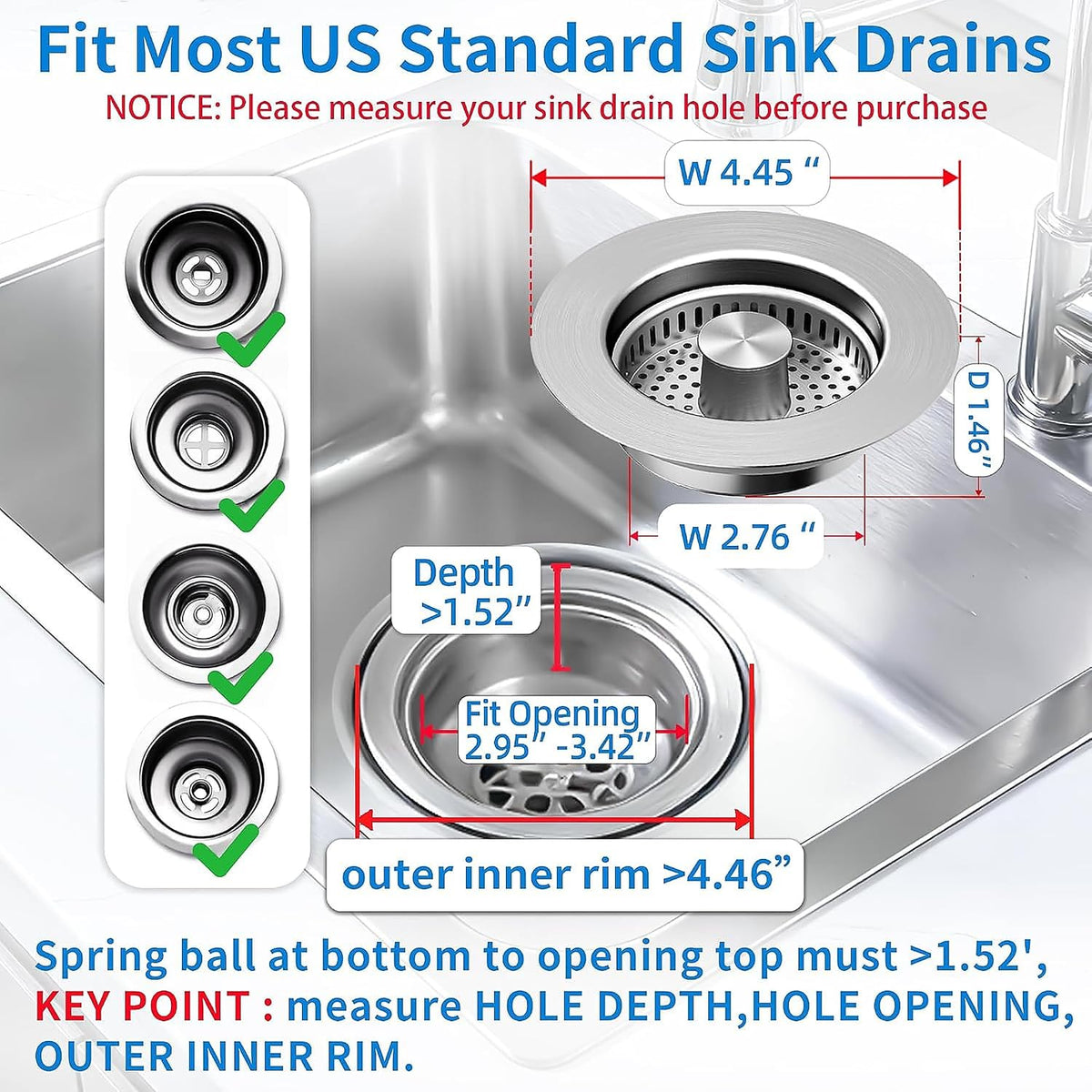 Sink Drain Strainer - Sink Stopper for Kitchen Drain,3 in 1 Kitchen Sink Drain Strainer with Anti Clogging Basket, Easy to Install Kitchen Sink Stopper for US Standard 3-1/2” Drain Hole