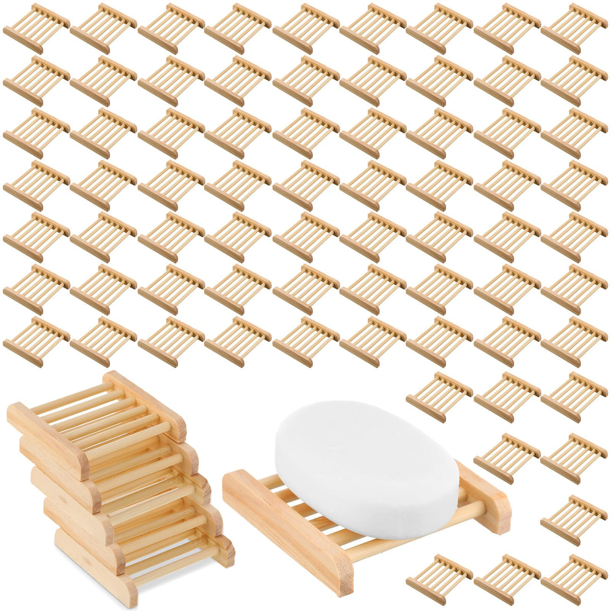 Amyhill 100 Pcs Bamboo Soap Dish Bulk Soap Holder Draining,Wooden Color