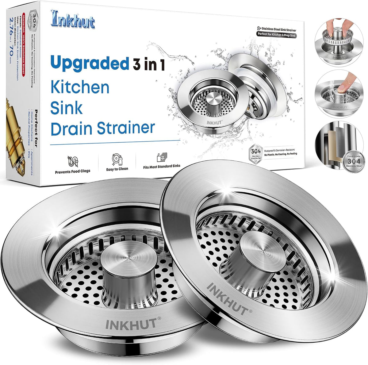 Upgraded 3 in 1 Kitchen Sink Drain Strainer (Silver-2Pack)