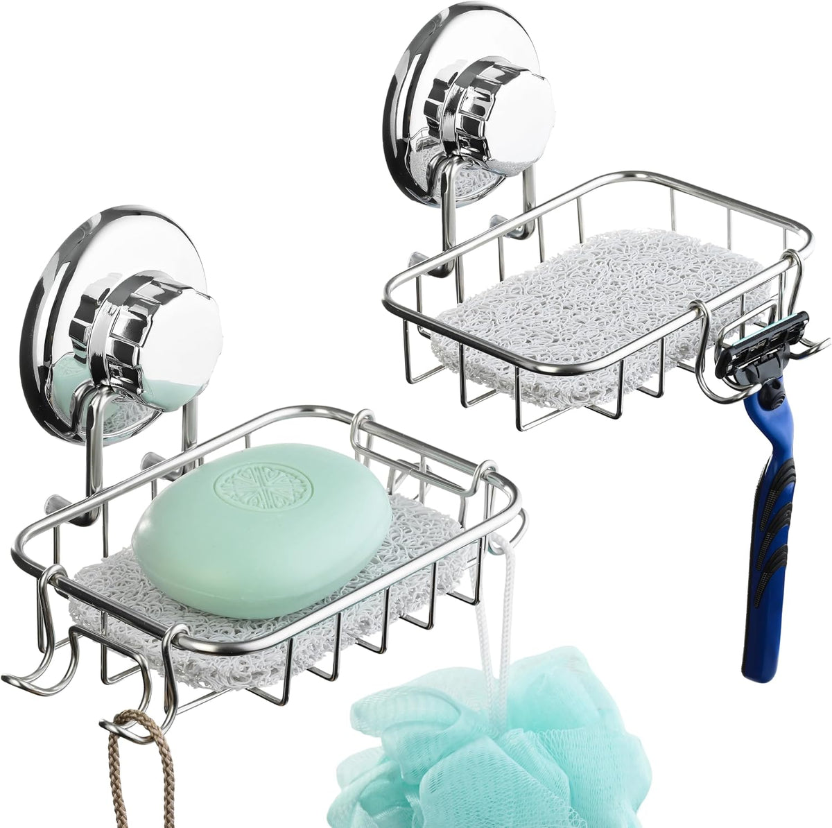 HASKO 2-Pack Suction Cup Soap Holder – Bar Soap Dish for Shower with Hooks for Bathroom – Optional Mounting with Adhesive Tape or Glue – Includes 2 Soap Savers – Stainless Steel SS304 - Silver