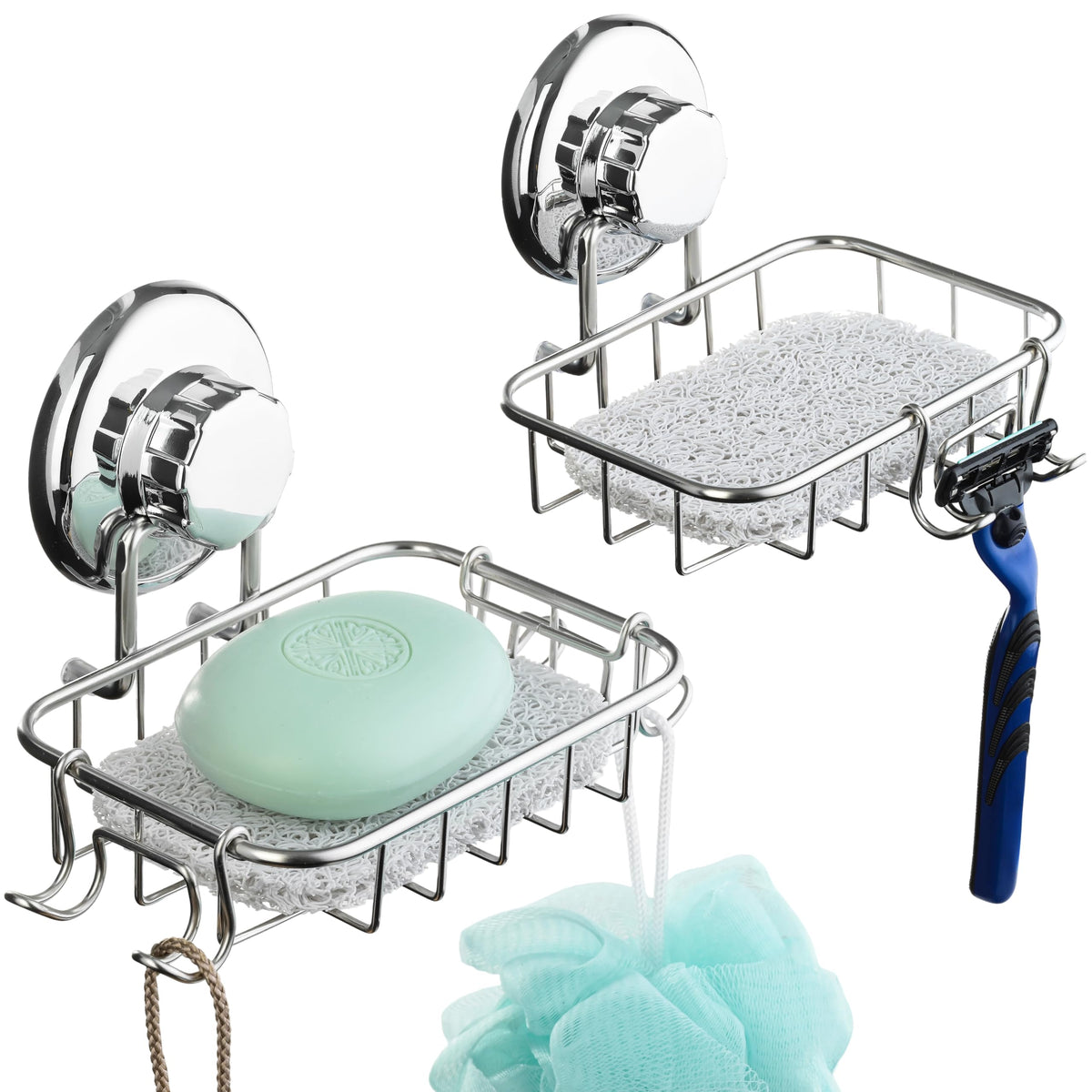 HASKO 2-Pack Suction Cup Soap Holder – Bar Soap Dish for Shower with Hooks for Bathroom – Optional Mounting with Adhesive Tape or Glue – Includes 2 Soap Savers – Stainless Steel SS304 - Silver